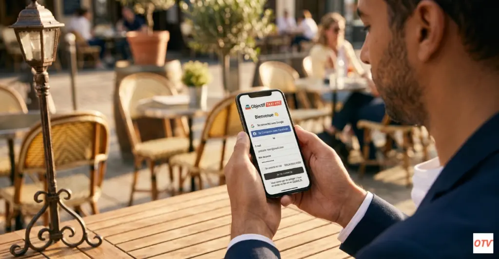 Homme assis dans une terrasse de café, qui se connecte sur Objectif TAXI-VTC sur son téléphone.