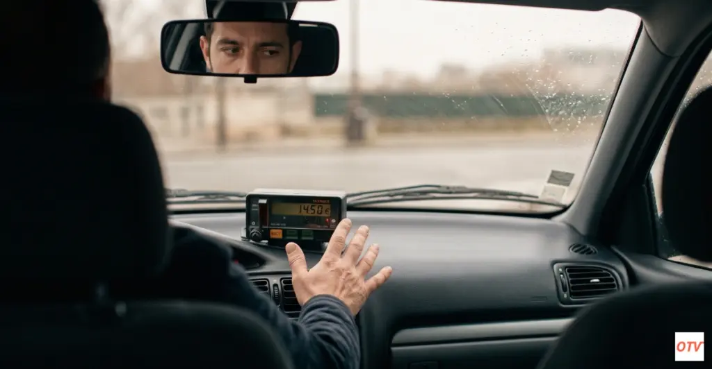 Homme qui pose sa main sur un taximètre.