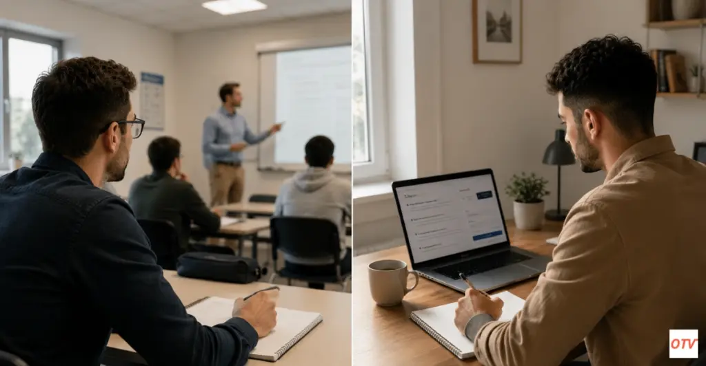 Homme à gauche suit une formation vtc en présentiel. Homme à droite suit une formation vtc en ligne.