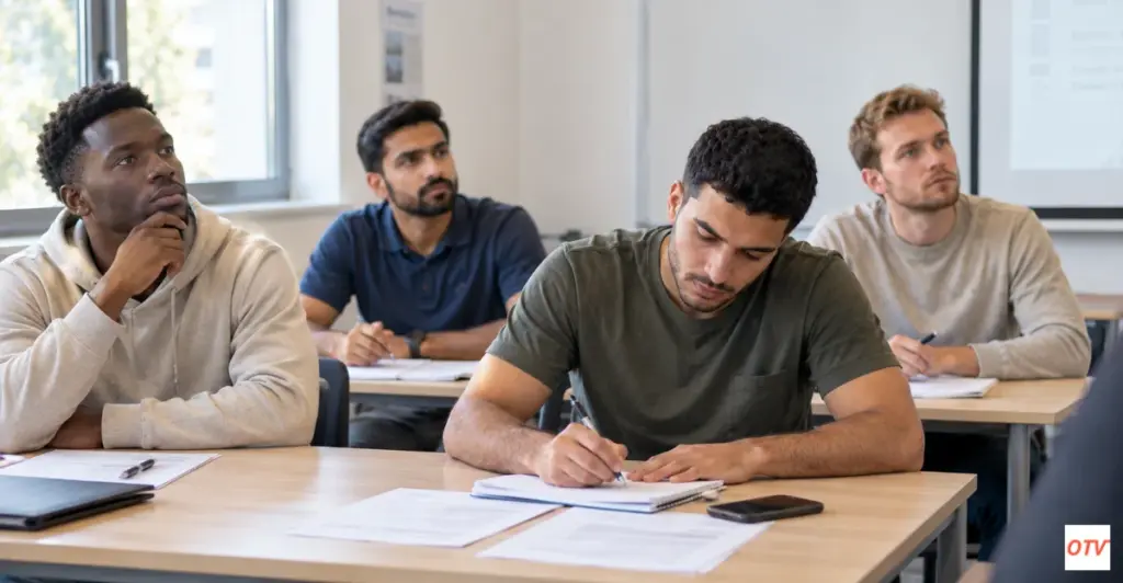 Groupe de chauffeurs VTC assistant à une session de formation continue de 14 heures obligatoire pour le renouvellement de la carte professionnelle.