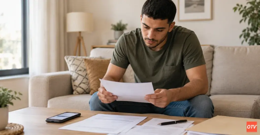 Homme lisant un document administratif pour constituer son dossier de renouvellement de carte VTC.