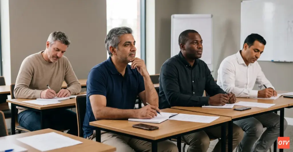 Groupe de chauffeurs de taxi en formation continue obligatoire pour le renouvellement de la carte professionnelle taxi.
