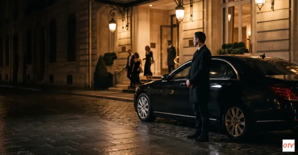 Chauffeur VTC qui attend ses clients privés lors d'un événement privé.