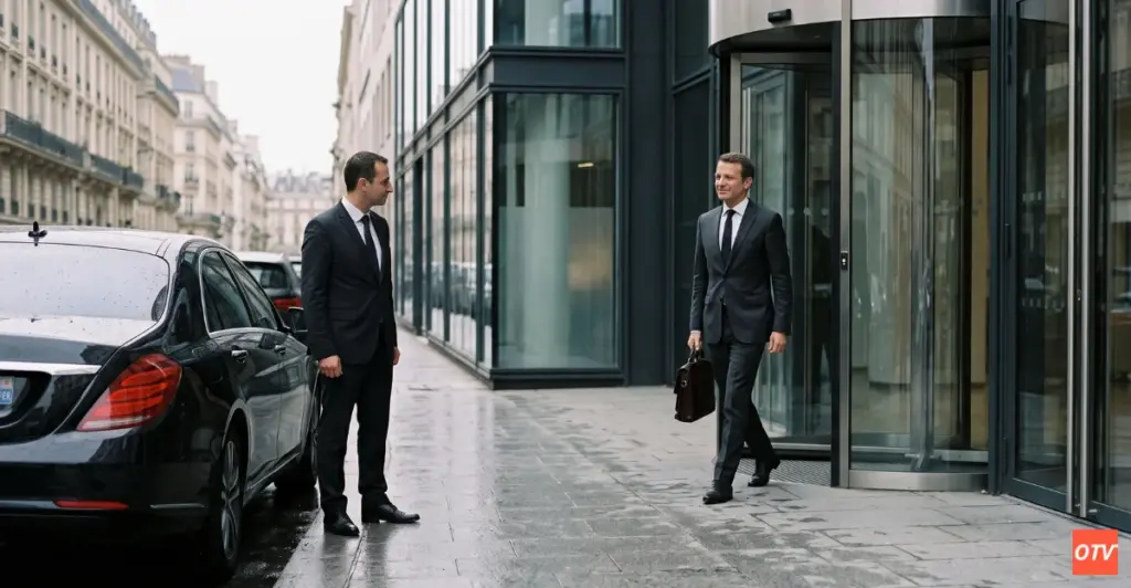 Chauffeur VTC en costume sombre attendant son client devant un immeuble de bureaux.
